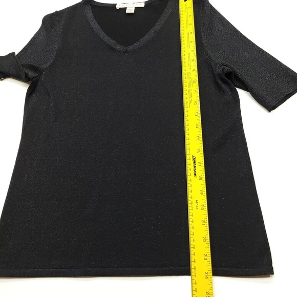 Belford Sweater Women Large Black Silk Cotton Metallic Short Sleeve V-Neck Knit‎ - Picture 5 of 9